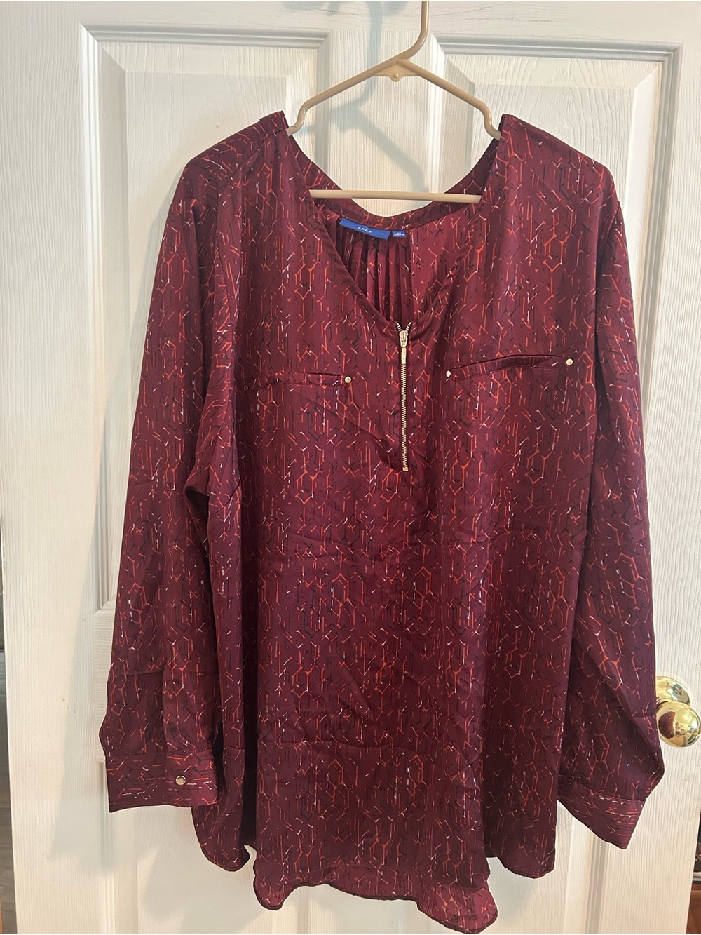 Women's Burgundy Long-Sleeve Zip-Front Blouse